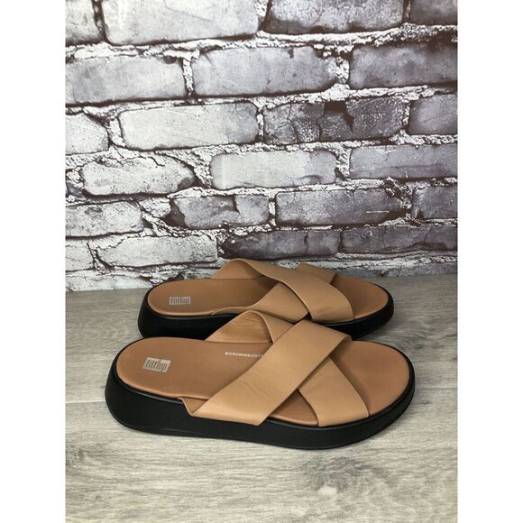 Fitflop F-Mode Brown Leather Flatform Cross Strap Slides Women’s Sz 10M US/42EU - Picture 13 of 16